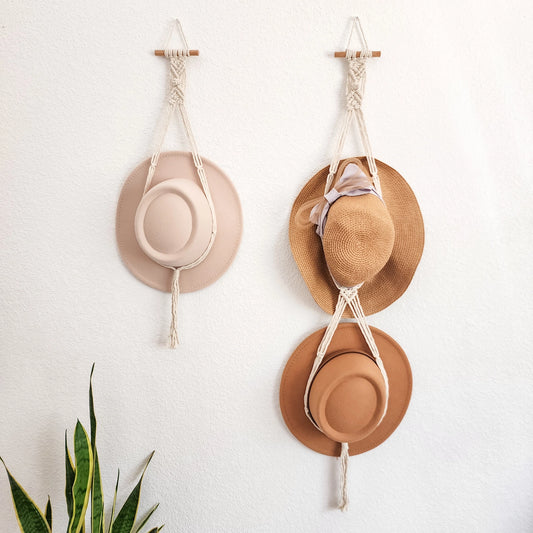 Macrame Hat Hanger, Wall Mounted Hat Display and Organizer (Holds 2 Hats)